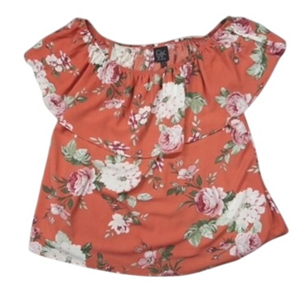 CKW Crew Knitwear Top Women L Orange Floral Off The Shoulder Ruffle Boho Flowy
